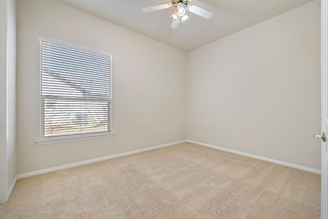 spare room with ceiling fan, carpet, and baseboards