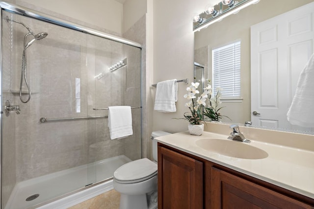 full bathroom with vanity, a shower stall, and toilet