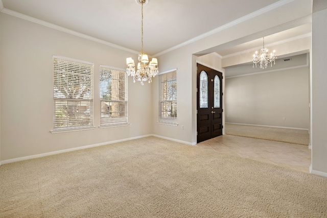 interior space featuring carpet flooring, visible vents, baseboards, ornamental molding, and an inviting chandelier