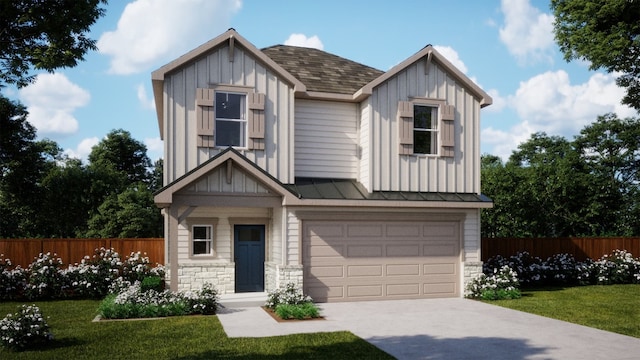 view of front facade with a standing seam roof, stone siding, board and batten siding, and fence