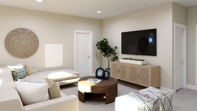 living area with light carpet, baseboards, and recessed lighting