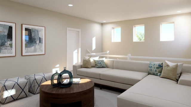 carpeted living room with recessed lighting