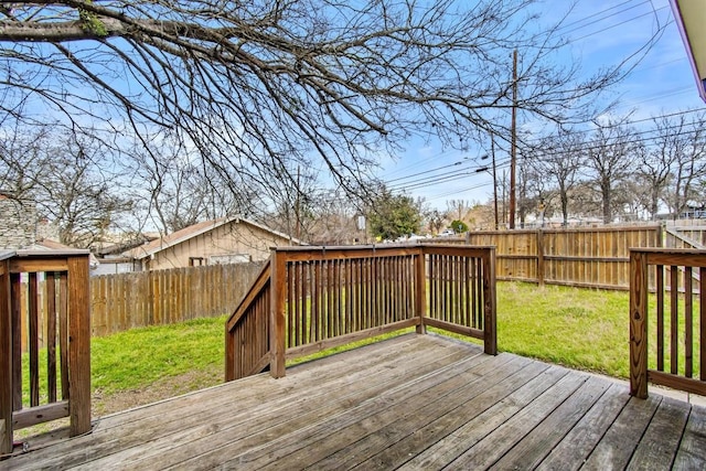 wooden deck with a fenced backyard and a lawn