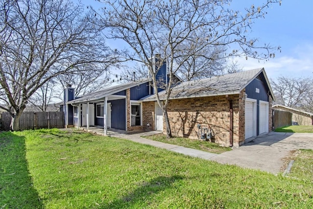 mid-century modern home with a chimney, fence, a front lawn, and brick siding