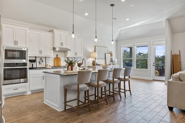 kitchen featuring tasteful backsplash, an island with sink, open floor plan, stainless steel appliances, and under cabinet range hood