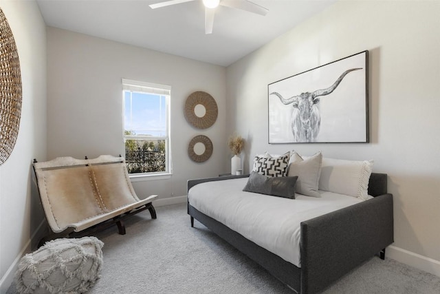 bedroom featuring carpet floors, ceiling fan, and baseboards