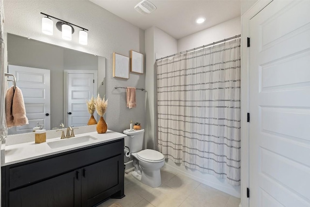 full bathroom featuring visible vents, toilet, tile patterned flooring, shower / bathtub combination with curtain, and vanity