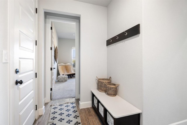 mudroom featuring baseboards and wood finish floors