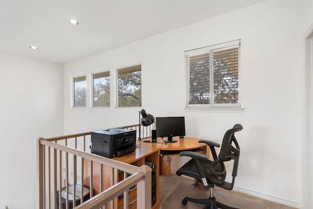 home office featuring carpet, baseboards, and recessed lighting