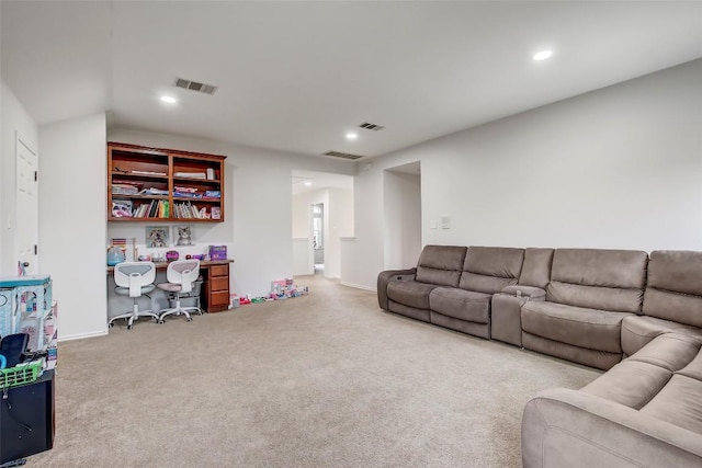 18712 Deep Water Dr, Pflugerville, TX 78660 - carpeted living area featuring a desk, recessed lighting, and baseboards