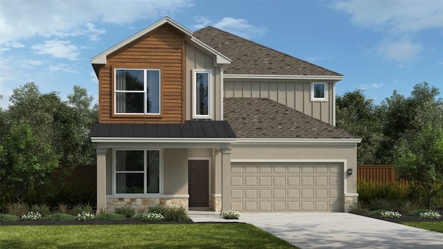 view of front of house with concrete driveway, board and batten siding, fence, a garage, and stone siding