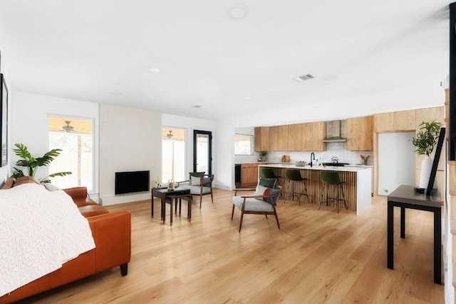 living room featuring light wood finished floors and visible vents