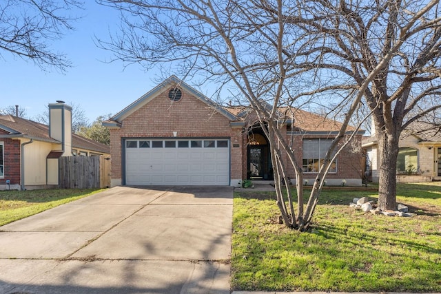 view of front of property featuring a garage, concrete driveway, fence, a front lawn, and brick siding