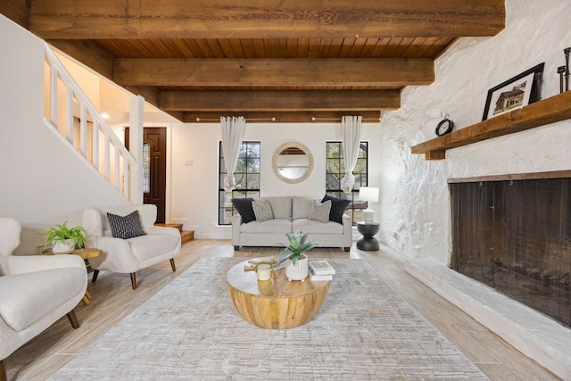 living room featuring wood ceiling, stairway, beam ceiling, and wood finished floors