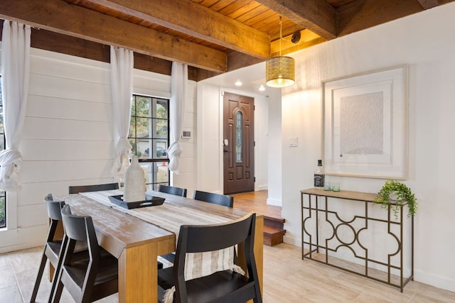 dining space featuring wood ceiling, beam ceiling, and baseboards