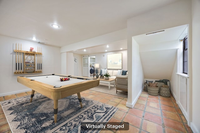 playroom with light tile patterned floors, visible vents, baseboards, pool table, and recessed lighting