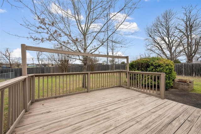 wooden deck featuring a fenced backyard and a lawn