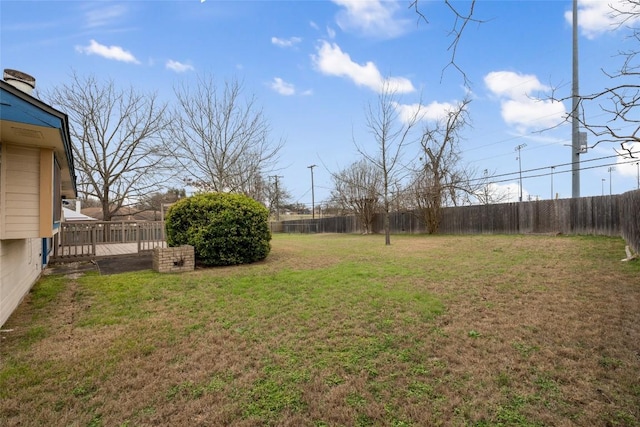 view of yard featuring a fenced backyard and a wooden deck