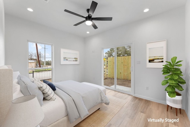 bedroom featuring recessed lighting, a ceiling fan, baseboards, access to exterior, and light wood finished floors