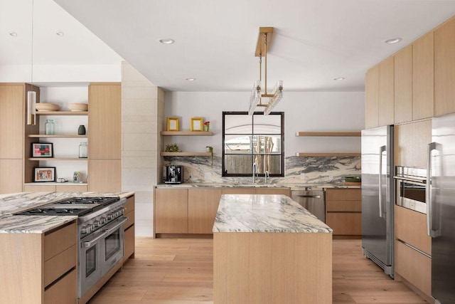 kitchen featuring open shelves, appliances with stainless steel finishes, modern cabinets, and light stone counters