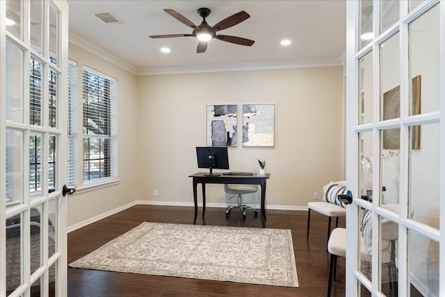 office area with ornamental molding, french doors, dark wood-style flooring, and visible vents