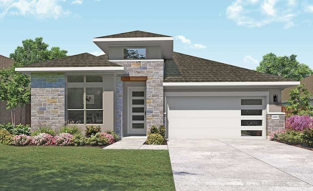 prairie-style house featuring an attached garage, stone siding, concrete driveway, and a front yard