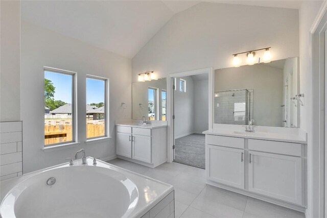 186 Du Bois Ln, Kyle, TX 78640 - bathroom with a bath, tile patterned floors, a sink, a stall shower, and vaulted ceiling