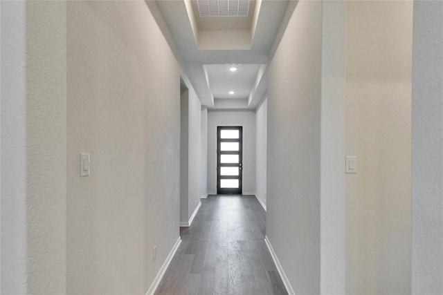 186 Du Bois Ln, Kyle, TX 78640 - hall with recessed lighting, dark wood finished floors, visible vents, and baseboards