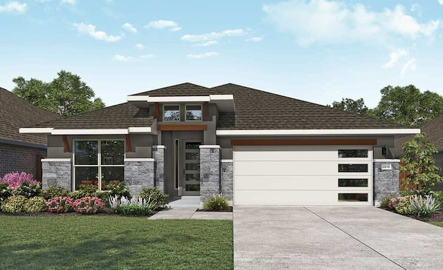 prairie-style home featuring stucco siding, an attached garage, stone siding, driveway, and a front lawn