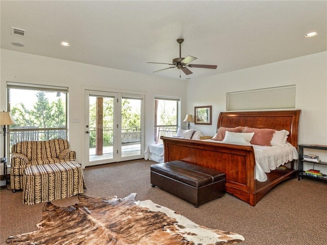 bedroom featuring recessed lighting, visible vents, carpet flooring, ceiling fan, and access to outside