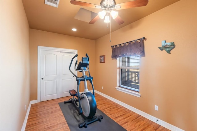 3622 N Fm 486, Thorndale, TX 76577 - workout room with light wood-style floors, ceiling fan, and recessed lighting