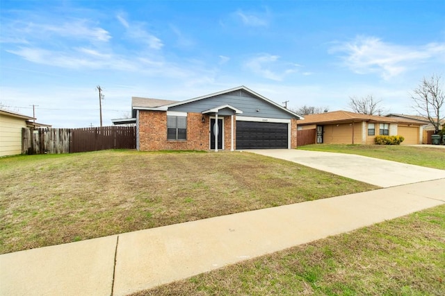 ranch-style house featuring brick siding, fence, a garage, driveway, and a front lawn