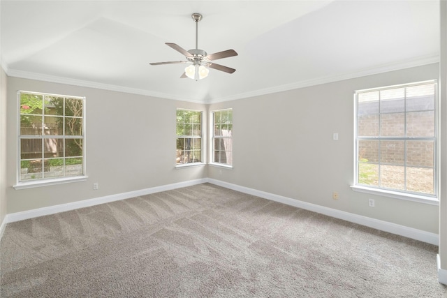 empty room with ornamental molding, carpet flooring, ceiling fan, and baseboards