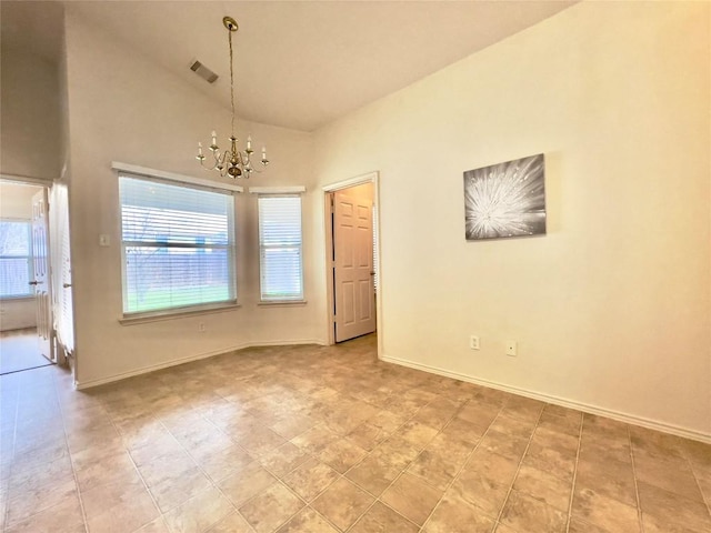 unfurnished dining area featuring a chandelier, high vaulted ceiling, visible vents, and baseboards