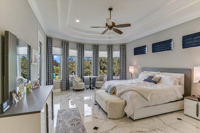 bedroom featuring ceiling fan, marble finish floor, a raised ceiling, and crown molding