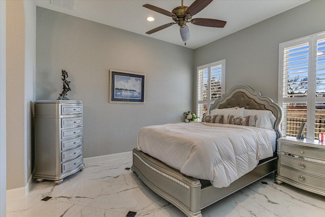 bedroom featuring marble finish floor, visible vents, baseboards, and recessed lighting