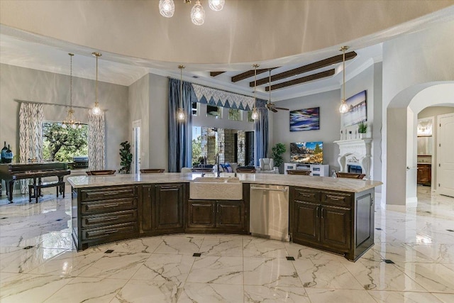 interior space featuring a high ceiling, a sink, marble finish floor, stainless steel dishwasher, and beamed ceiling