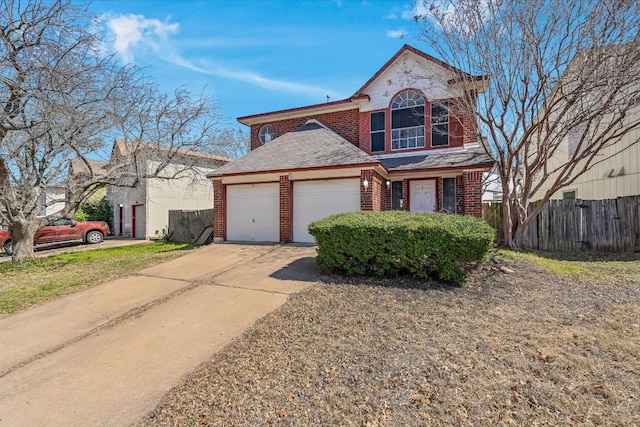 view of front facade featuring a garage, brick siding, fence, and driveway