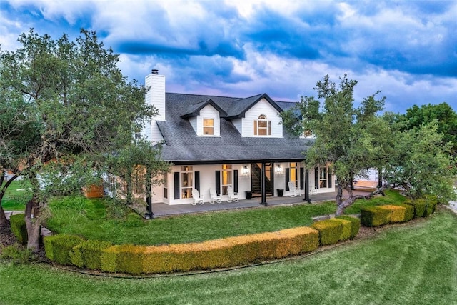 back of property with roof with shingles, a chimney, and a yard