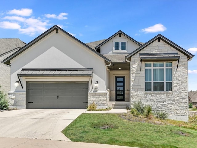 view of front of home featuring stucco siding, concrete driveway, a standing seam roof, metal roof, and a garage