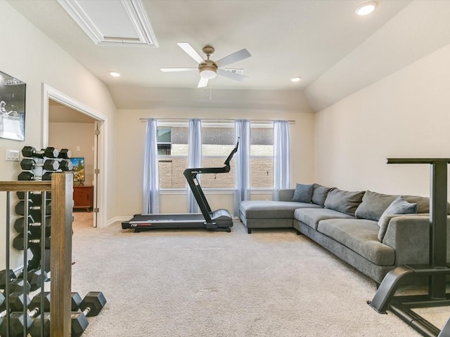 exercise area with a ceiling fan, lofted ceiling, carpet, and recessed lighting