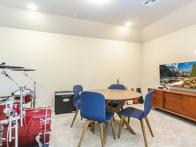 carpeted dining room featuring visible vents and recessed lighting