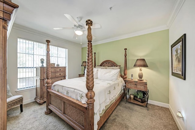 bedroom with light carpet, baseboards, and crown molding