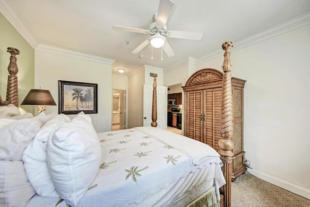 bedroom featuring baseboards, connected bathroom, ceiling fan, ornamental molding, and carpet