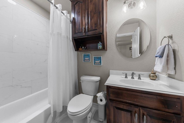 bathroom with toilet, a textured wall, shower / bathtub combination with curtain, and vanity