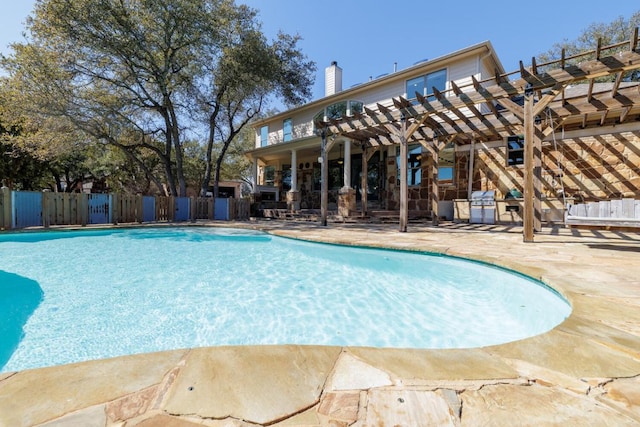 view of pool with a fenced in pool, a patio area, fence, and a pergola