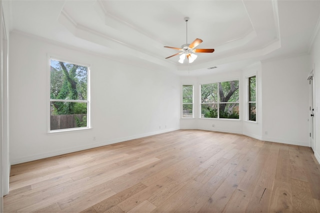 spare room featuring light wood-style floors, crown molding, a raised ceiling, and a wealth of natural light