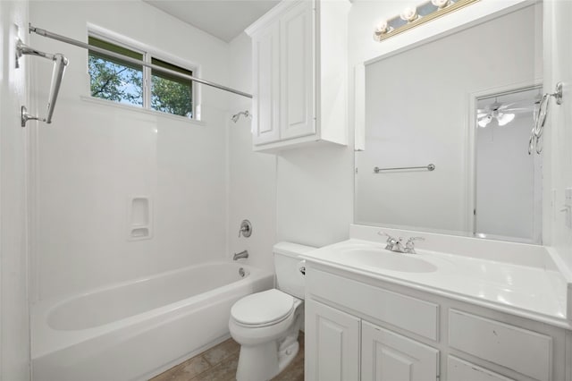 full bath with shower / bathing tub combination, vanity, and toilet