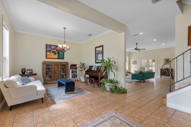 living area with light tile patterned floors, recessed lighting, ornamental molding, baseboards, and stairs