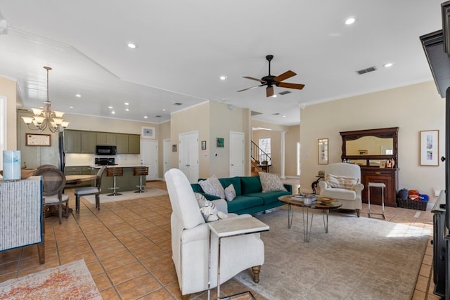 living area featuring stairs, recessed lighting, visible vents, and light tile patterned floors